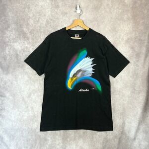 Vintage 90s Faded Alaska Eagle Graphic T-Shirt Fruit of the Loom Black Mens L